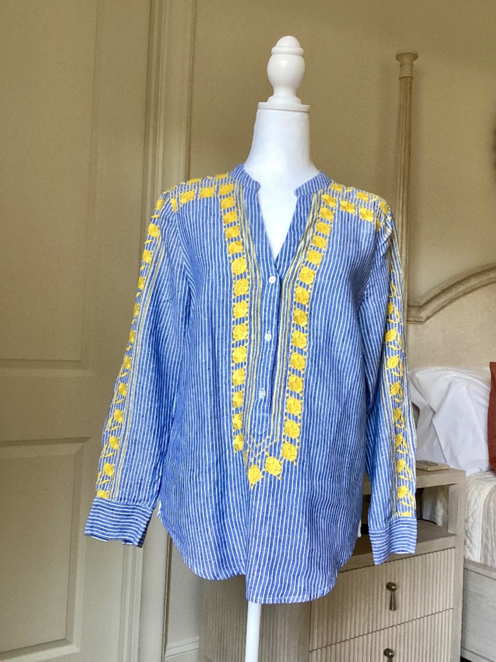 NWOT J.Crew SZ XS Embroidered V Neck Tunic in Blue and White Stripe